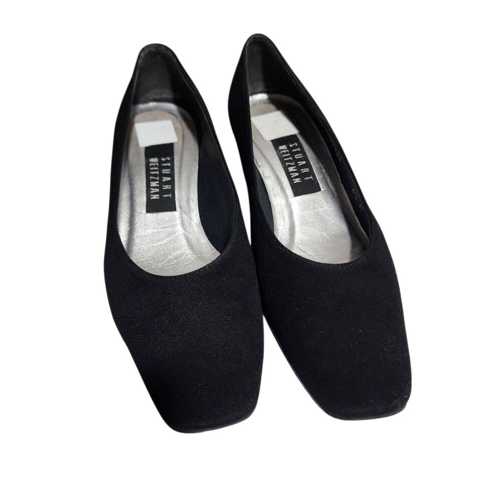 Vintage Stuart Weitzman Black Suede Pumps Rhinestone Heel Square Toe 6.5 M